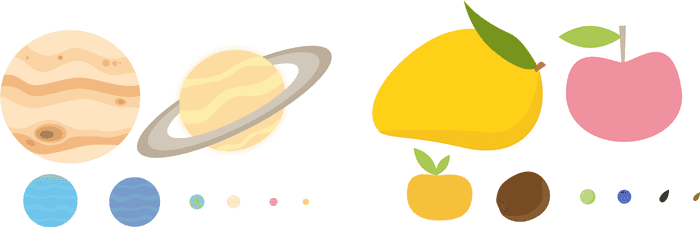 Analogía del tamaño de los planetas y frutas